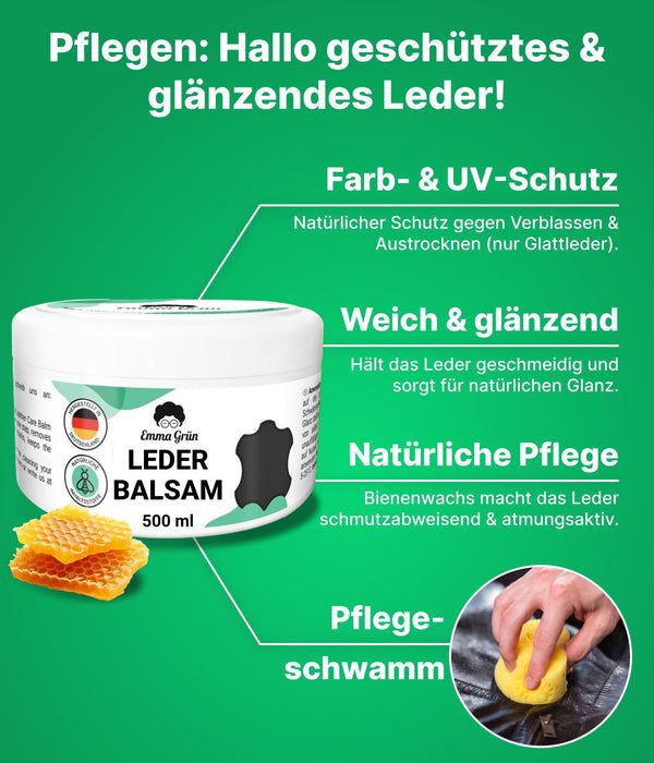 Balsam-Tiegel mit Text: Pflegen: Hallo geschütztes & glänzendes Leder! Mit Logo und 500 ml. Mit Bienenwachs.