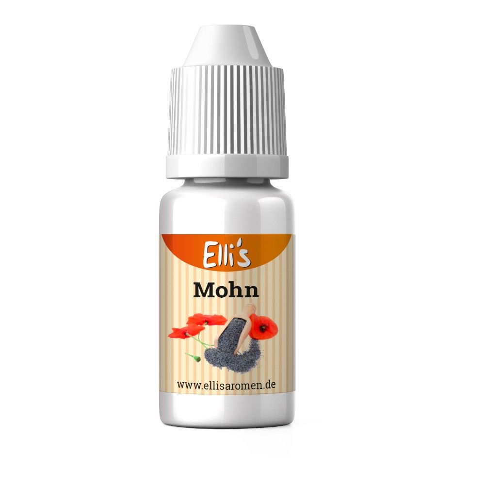 Fläschchen mit weißem Deckel. Etikett mit "Elli's Mohn", Mohnblumen und Website-Adresse.