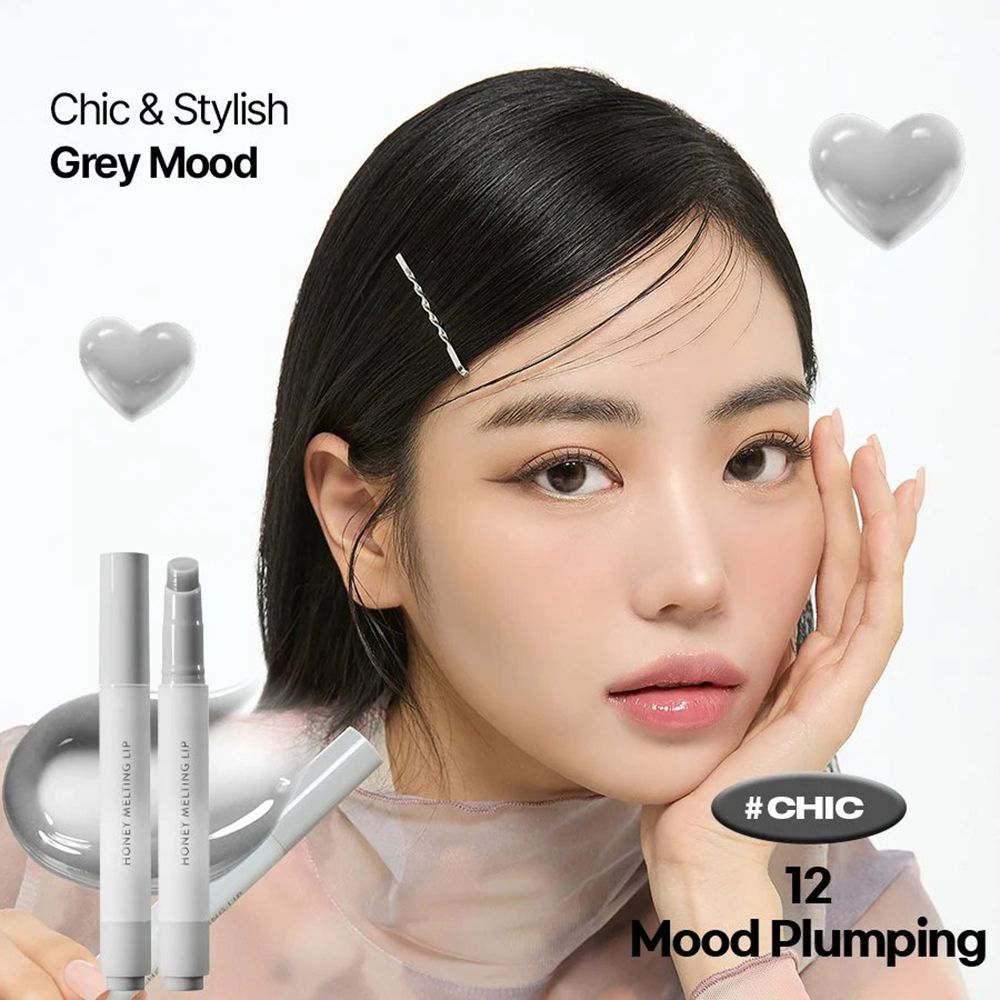 Frau mit Lippenstift. Aufschrift "HONEY MELTING LIP". Text: "#CHIC 12 Mood Plumping".
