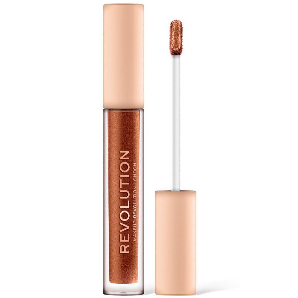 Flüssiger Lidschatten mit Applikator. Transparente Flasche mit beigem Deckel. Aufschrift: REVOLUTION MAKEUP REVOLUTION LONDON.