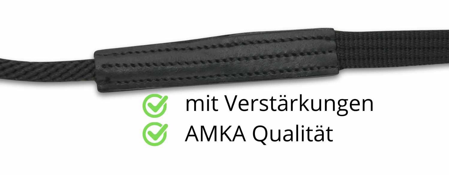 Detail einer schwarzen Doppellonge. Text: mit Verstärkungen, AMKA Qualität.