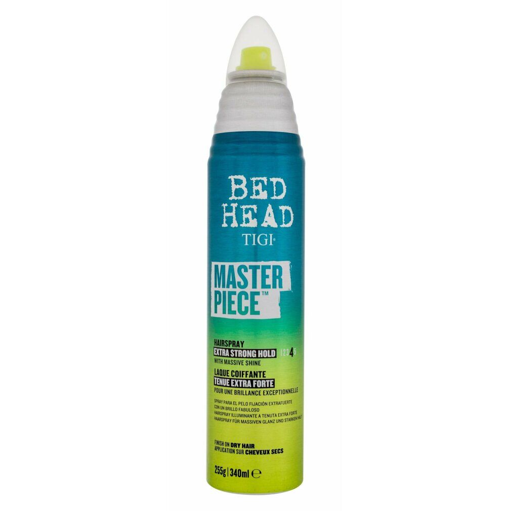 Tigi Bed Head Masterpiece Haarspray. Blaue, grüne Dose mit weißem Sprühkopf. Text: Masterpiece, Extra Strong Hold 4. 255g/340ml.