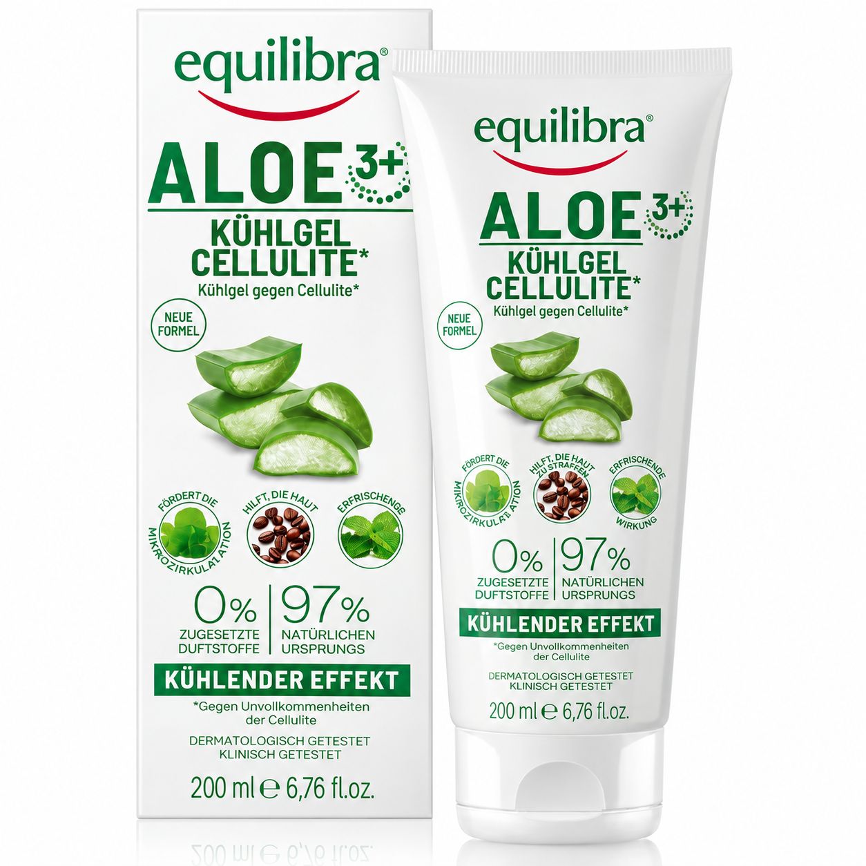 Equilibra Aloe 3+ Kühlgel Cellulite, 200 ml Tube und Faltschachtel mit Aloe-Vera-Scheiben.