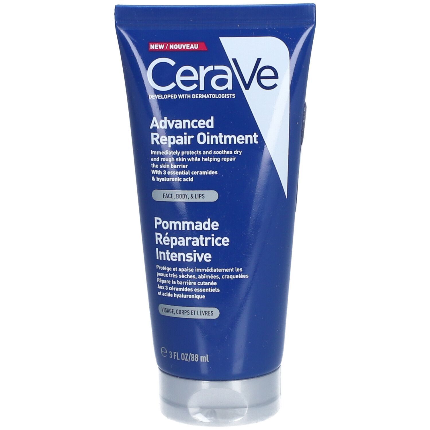 CeraVe Advanced Repair Ointment. Blaue Tube mit weißem Schriftzug. Produktname und Text.