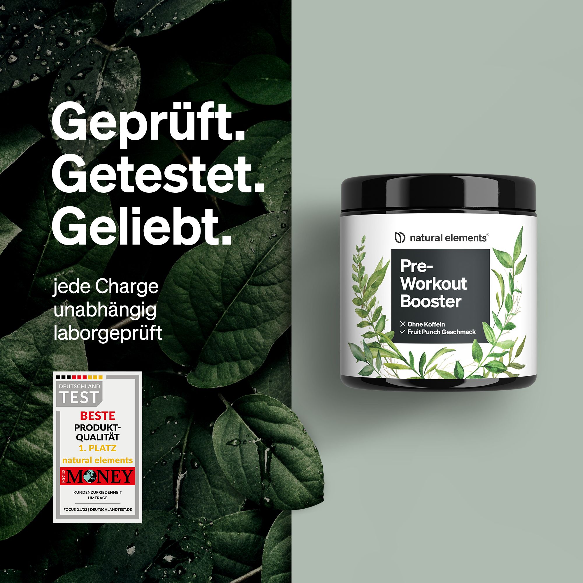 Schwarzes Glas mit Etikett: Pre-Workout Booster, ohne Koffein, Fruit Punch Geschmack. Daneben: Testzertifikat.