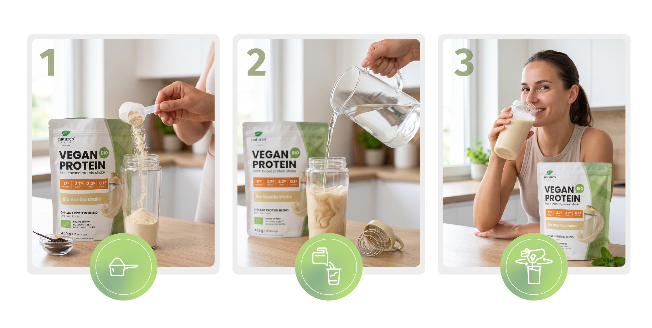 Anleitung zur Zubereitung des veganen Proteinshakes in drei Schritten.