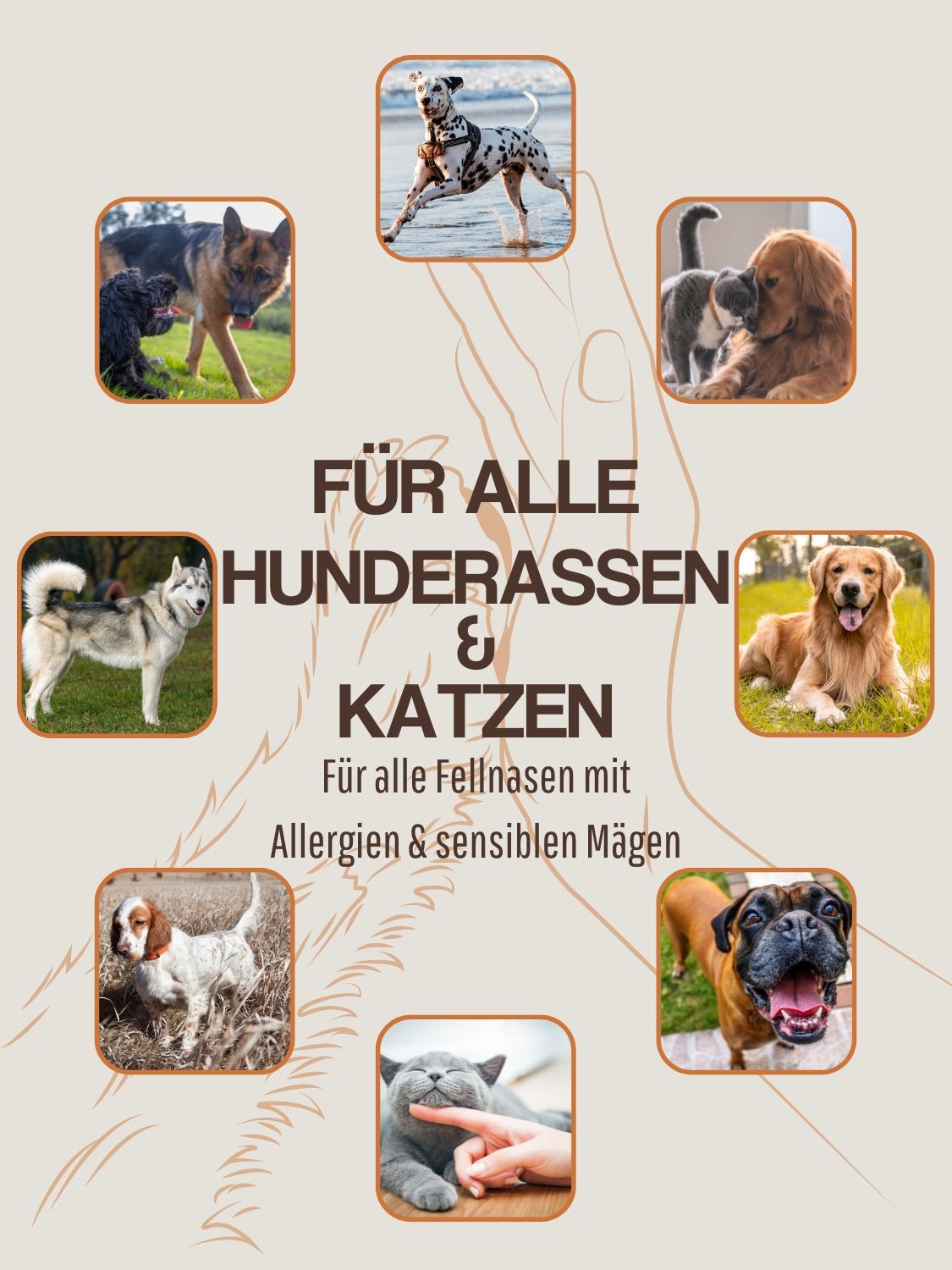 Collage von Hunderassen und Katzen. Text: Für alle Hunderassen & Katzen. Für alle Fellnasen mit Allergien & sensiblen Mägen.