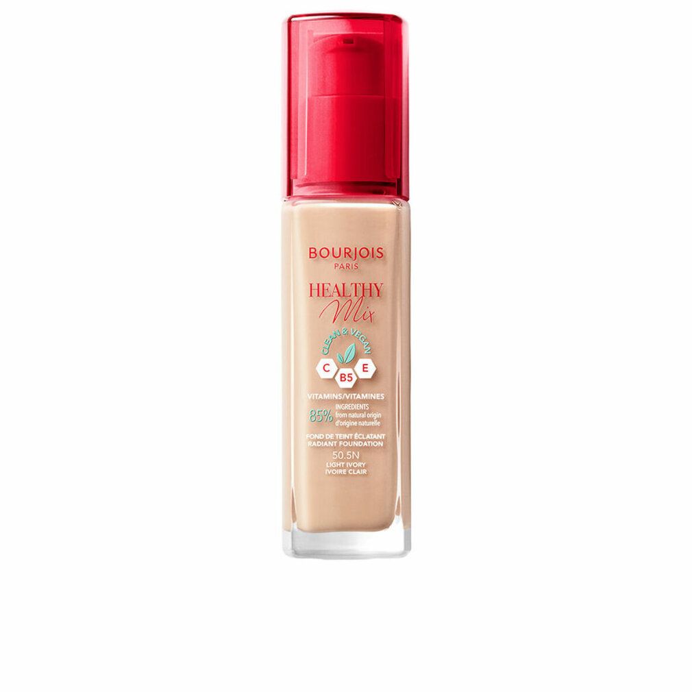 Bourjois Healthy Mix Foundation. Flasche mit rotem Pumpverschluss. Aufschrift: Healthy Mix, 50, 5N.