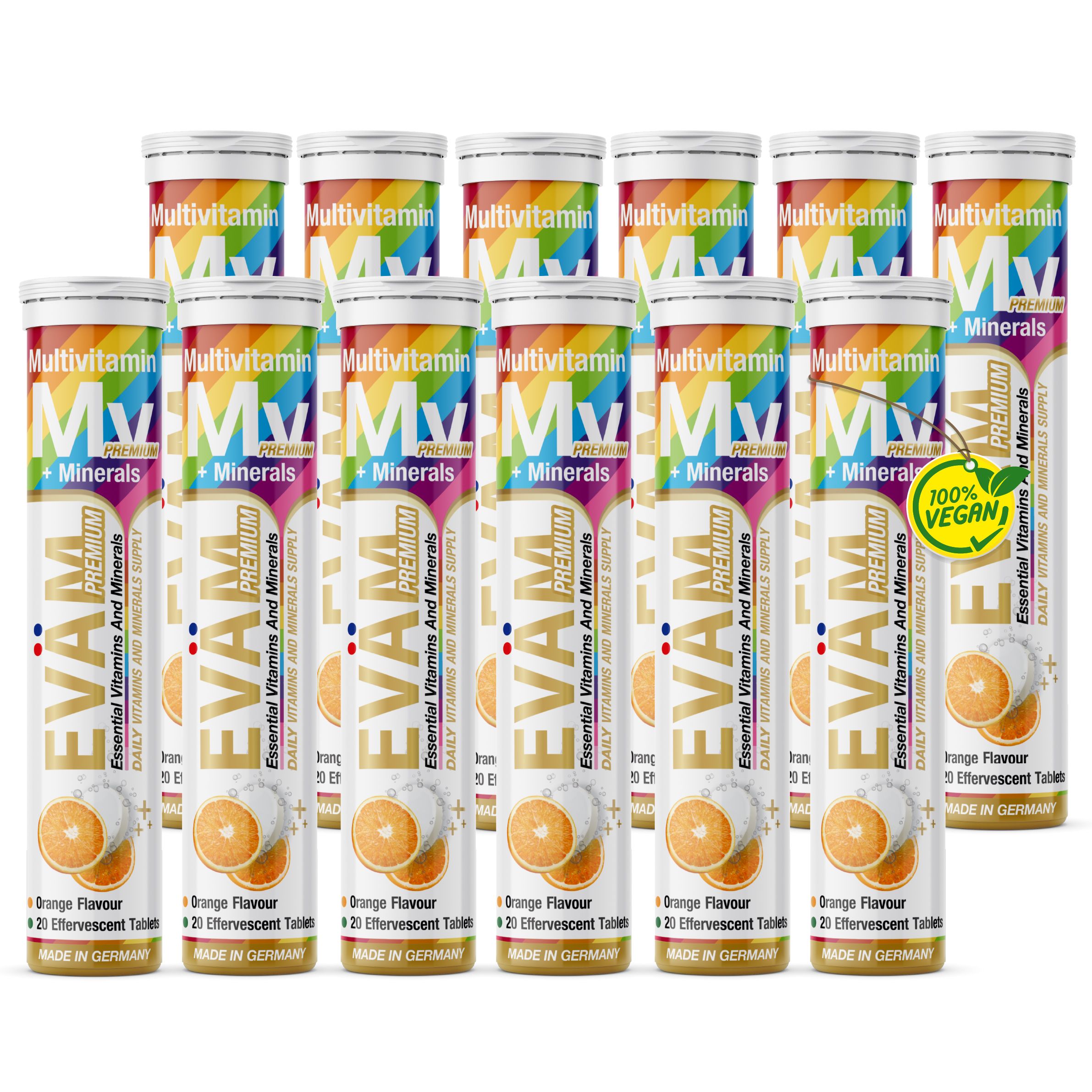 Mehrere Tuben EVÄM Multivitamin + Mineralien Brausetabletten. Jede Tube enthält 20 Brausetabletten. Vegan-Siegel.