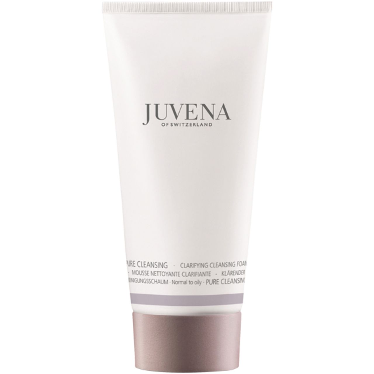 Weisse Tube mit Aufschrift Juvena of Switzerland. Produktname: Clarifying Cleansing Foam. Grauer Verschluss.