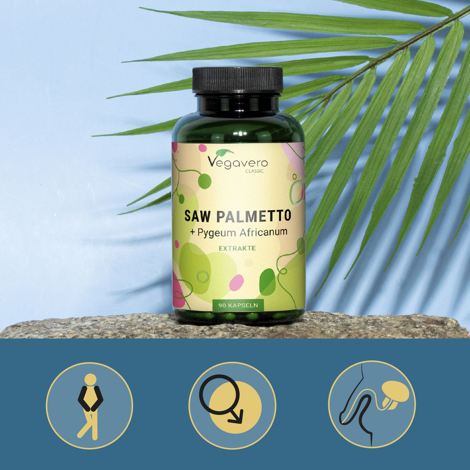Grüne Flasche mit Kapseln. Aufschrift: SAW PALMETTO + Pygeum Africanum. 90 Kapseln. Hintergrund: Palmblatt und Symbole.