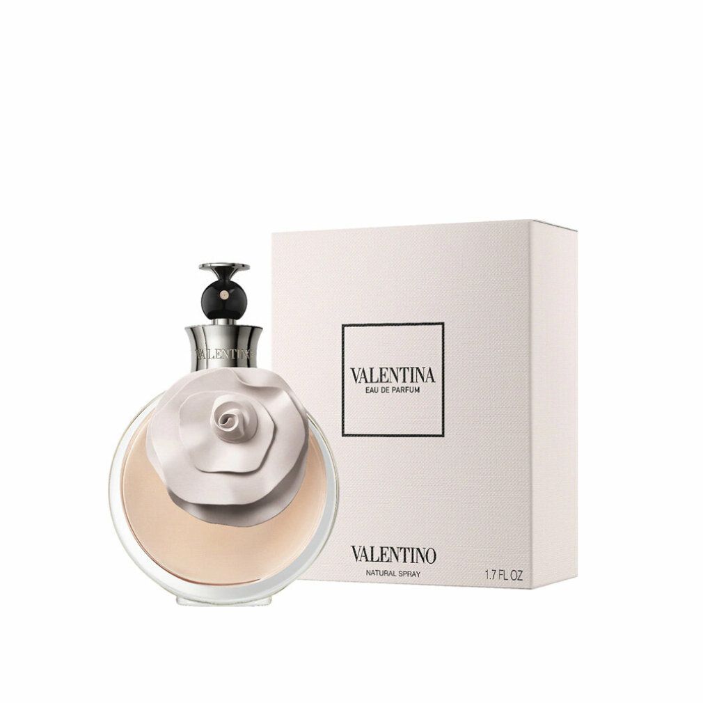 Runder Flakon mit rosafarbenem Inhalt und blütenförmigem Aufsatz. Daneben eine weiße Schachtel mit VALENTINA EAU DE PARFUM-Schriftzug.