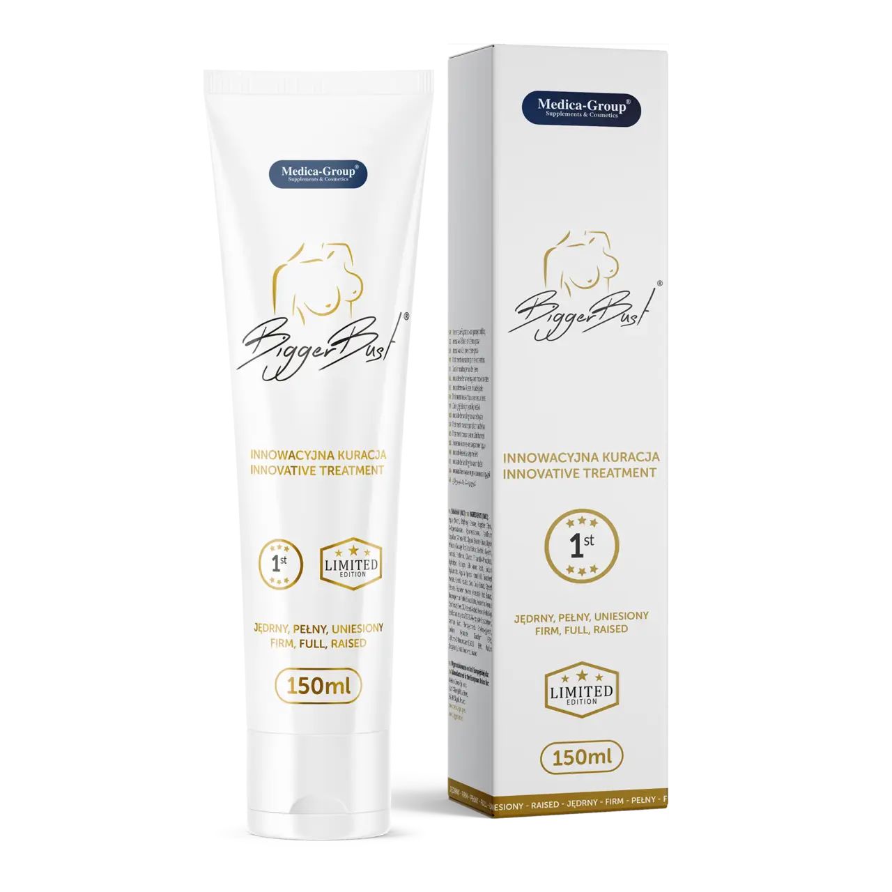 Produkt und Verpackung. Weiße Tube und Schachtel mit Logo und Produktnamen. Text: Innovative Behandlung. 150ml.