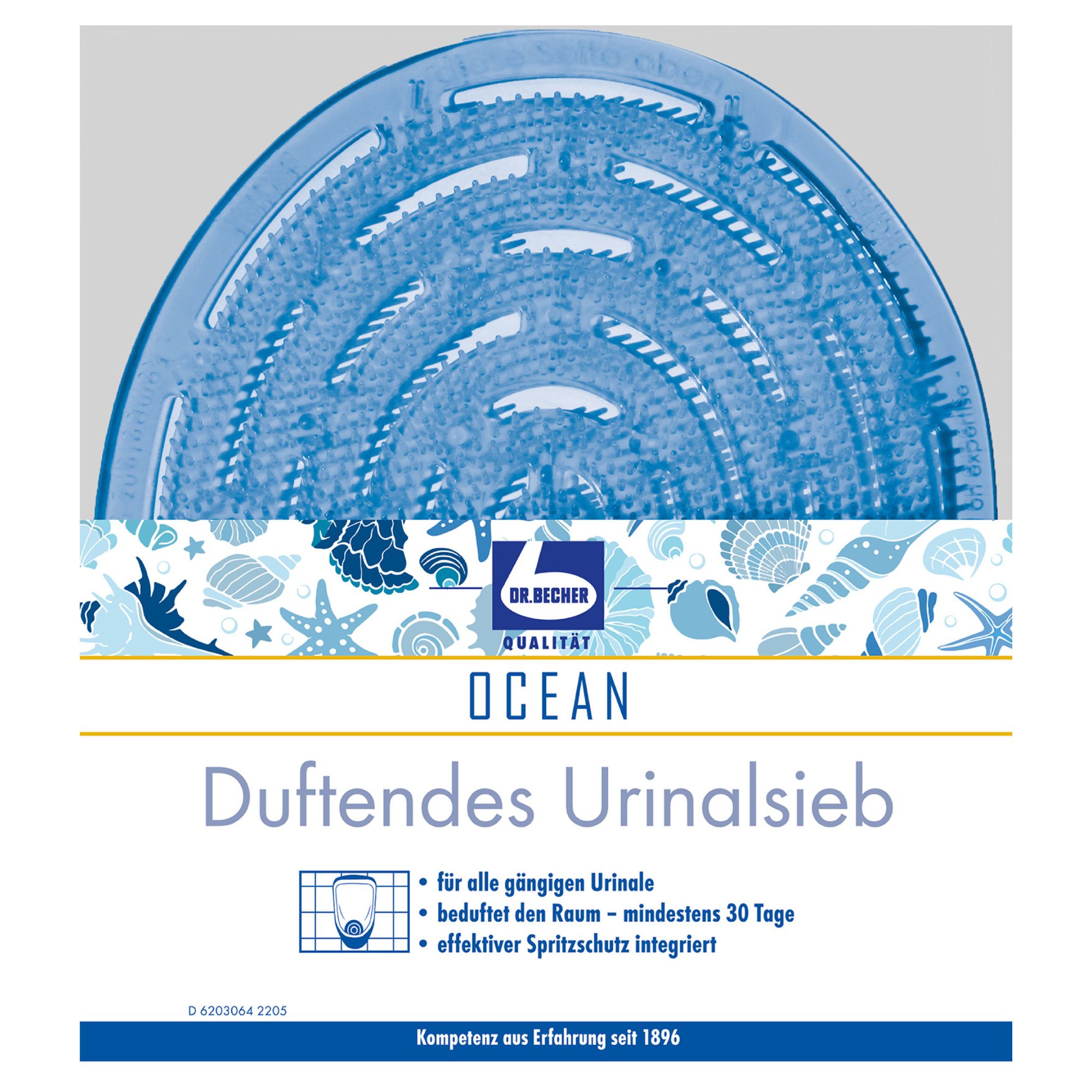 Blaues Urinalsieb mit kreisförmigem Design. Text: Dr. Becher, OCEAN, Duftendes Urinalsieb. Mit Spritzschutz und Duftfunktion.