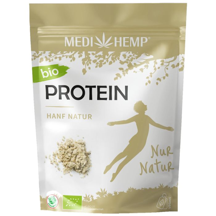 Verpackung mit "Medi Hemp" und "Protein". "Hanf Natur" und "Nur Natur" Text. Bio-Siegel und Vegan-Logo.