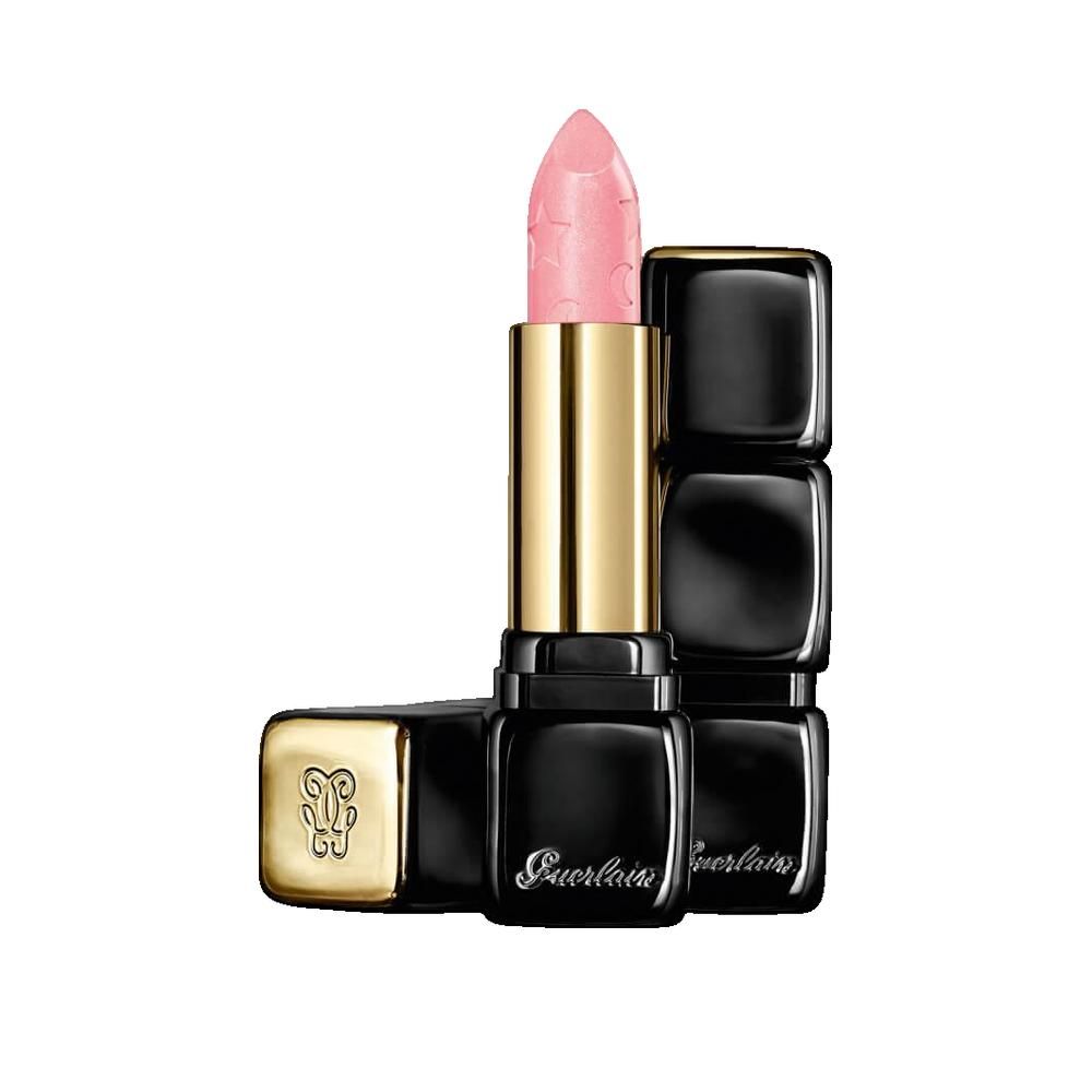 Lippenstift mit rosa Spitze, goldener Hülse und schwarzem Gehäuse. Guerlain-Logo auf dem Gehäuse.