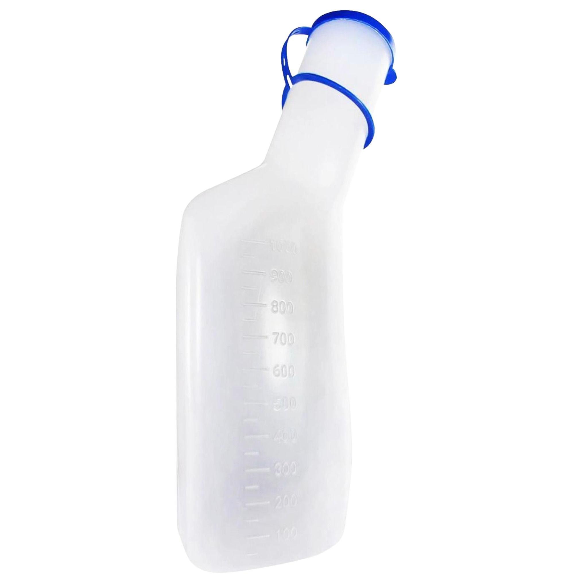 Transparente Urinflasche aus Kunststoff mit blauer Kappe und Messskala.