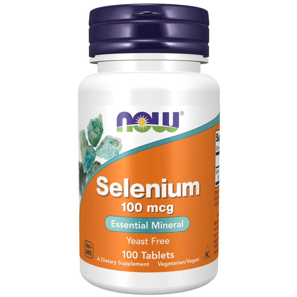 Weiße Flasche mit blauem Deckel. Aufschrift: NOW, Selenium 100 mcg, Essential Mineral, 100 Tabletten. Vegetarisch/Vegan.