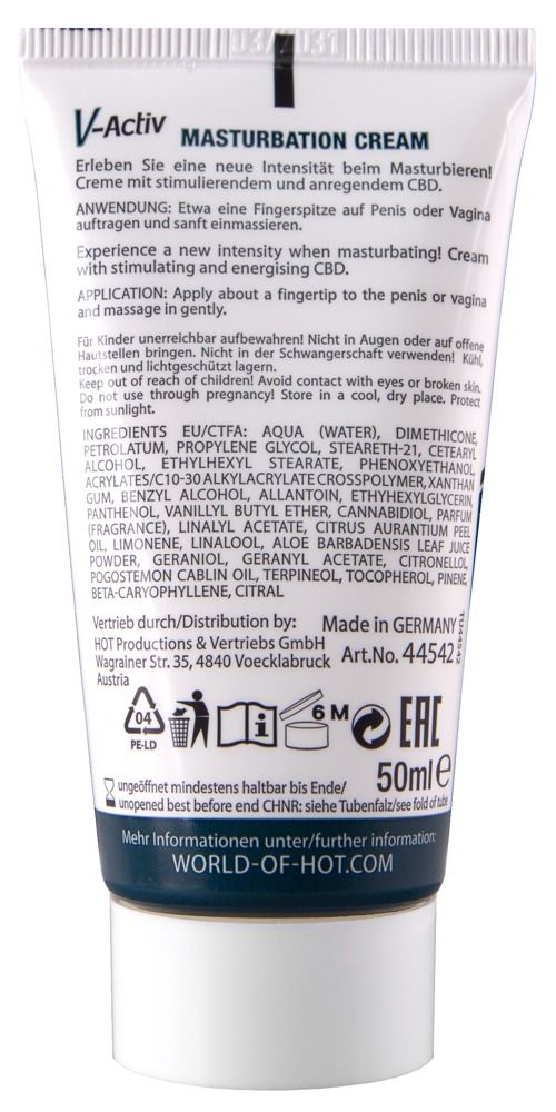 V-Activ Unisex Masturbation Cream Tube, 50ml, mit detaillierten Anwendungshinweisen auf der Rückseite.