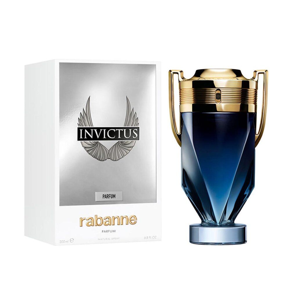 Invictus Parfum-Flakon neben weißer Schachtel. Schachtel mit Logo, Schriftzug Invictus und Rabanne. Flakon mit goldfarbenem Deckel.