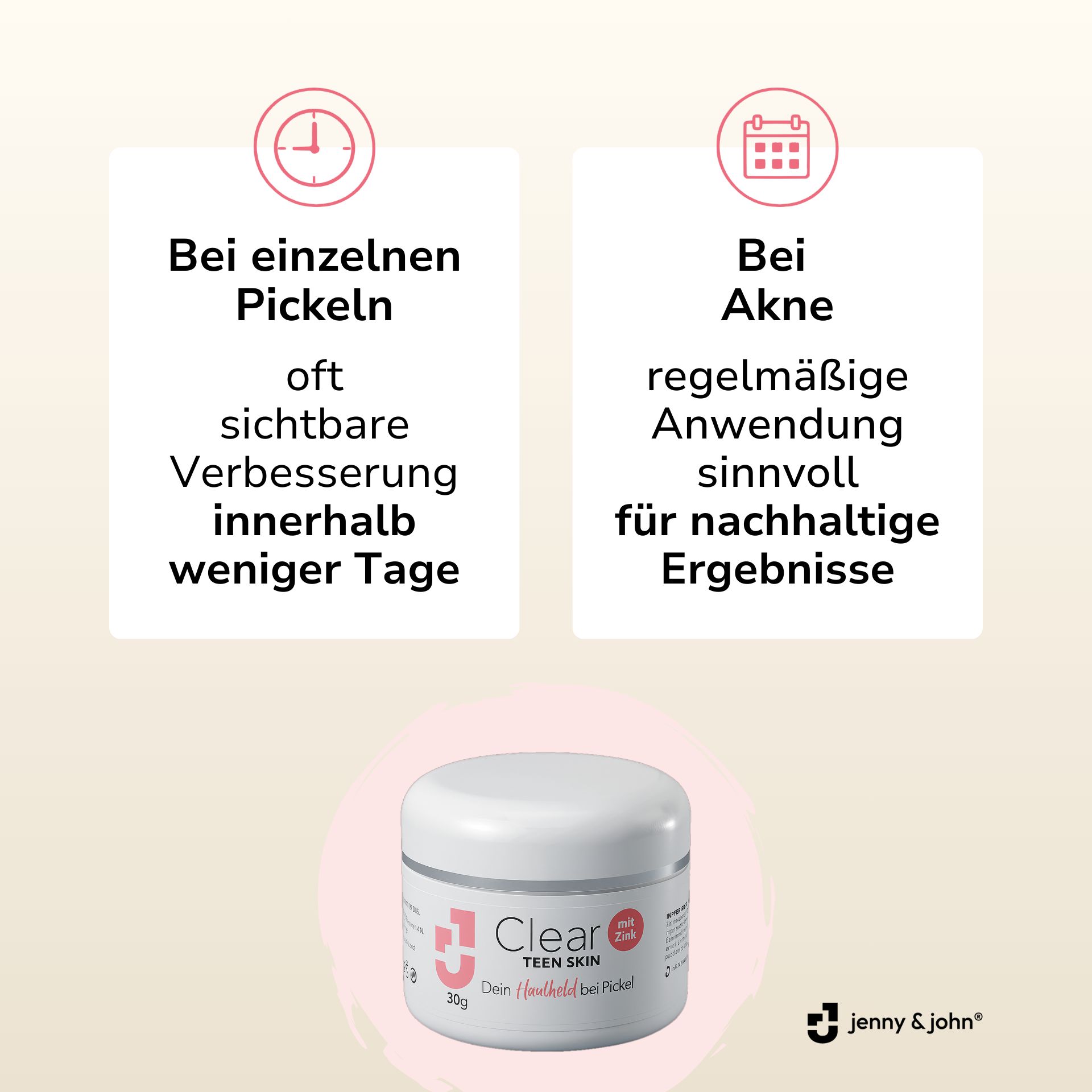 Produktverpackung mit Text und Logo. Text: Bei einzelnen Pickeln, Verbesserung innerhalb weniger Tage. Bei Akne, regelmäßige Anwendung.