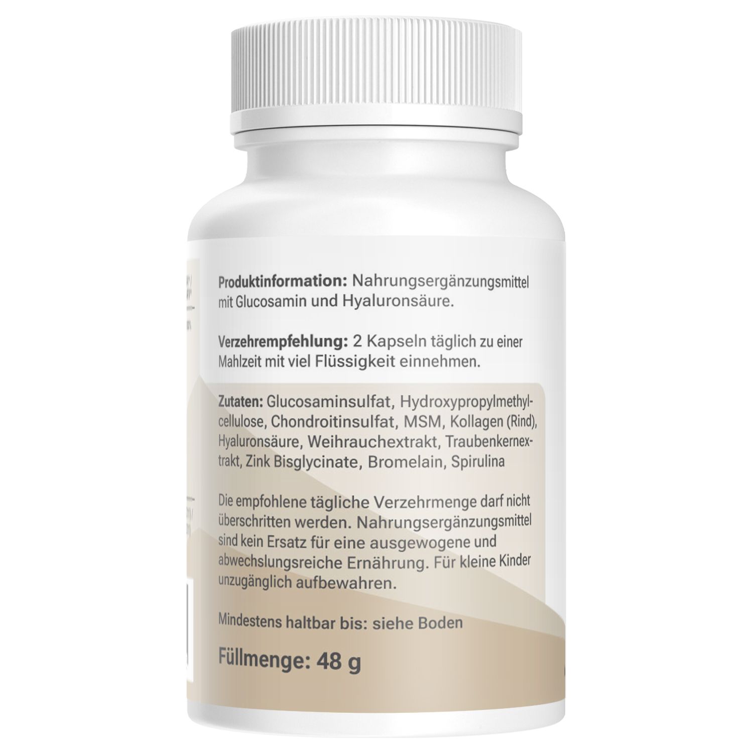 Rückseite einer weißen Flasche. Text: Produktinformation, Verzehrempfehlung, Zutaten, Mindestens haltbar bis: siehe Boden, Füllmenge: 48 g.