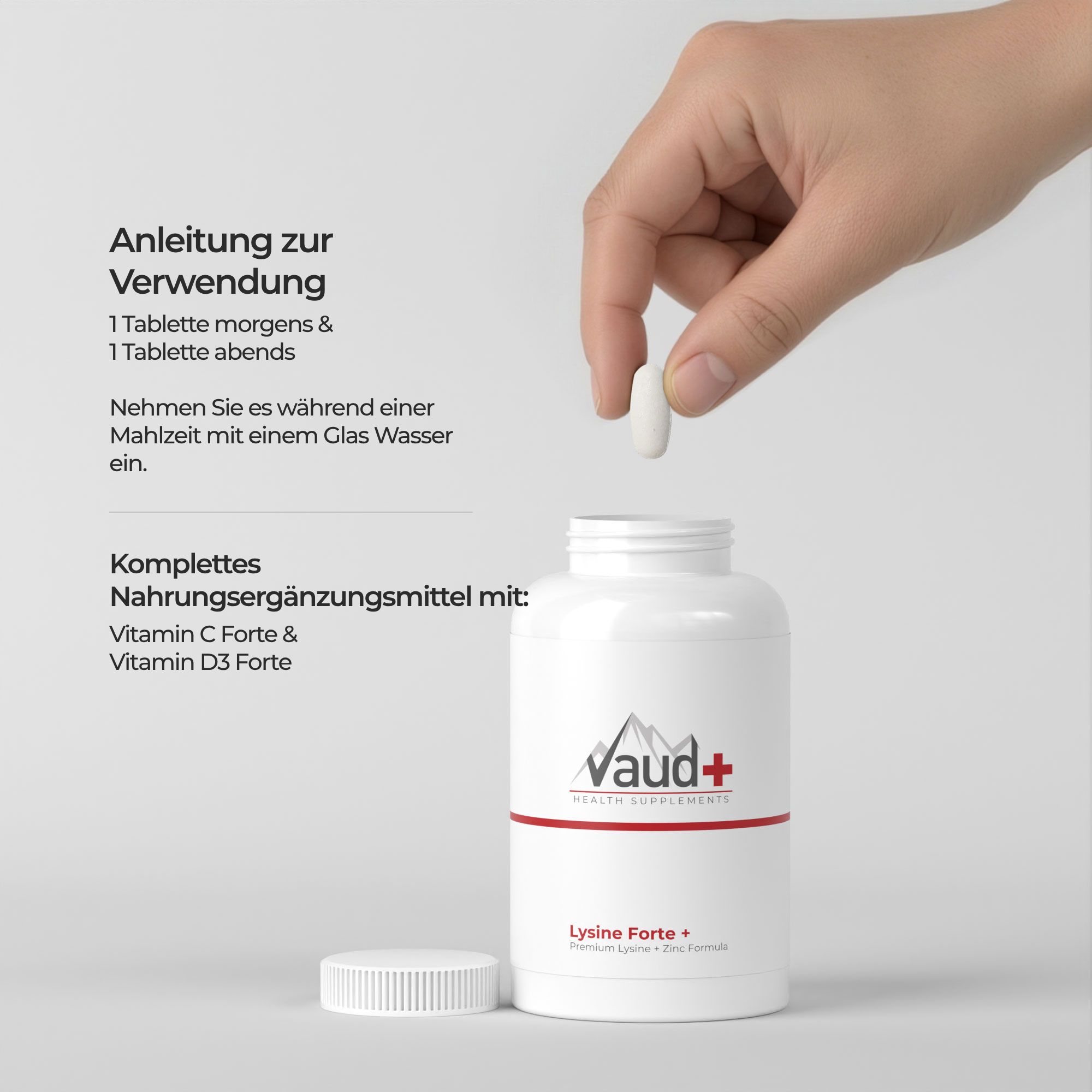 Hand legt Tablette in Flasche. Text: Anleitung zur Verwendung, 1 Tablette morgens & abends, Vaud+.