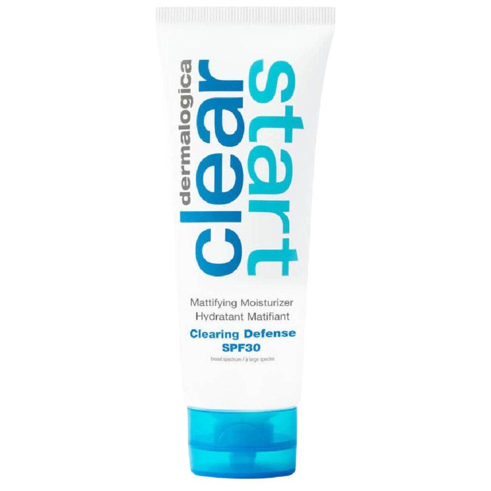 Weiße Tube mit blauem Deckel. Aufschrift: Clear Start, Clearing Defense SPF30. Marke: Dermalogica.