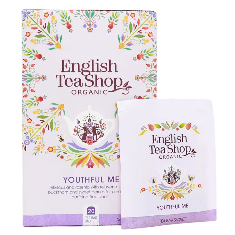 Packung und einzelner Teebeutel mit "English Tea Shop"-Logo und "Youthful Me". Floralmuster, Teekannen-Illustration.