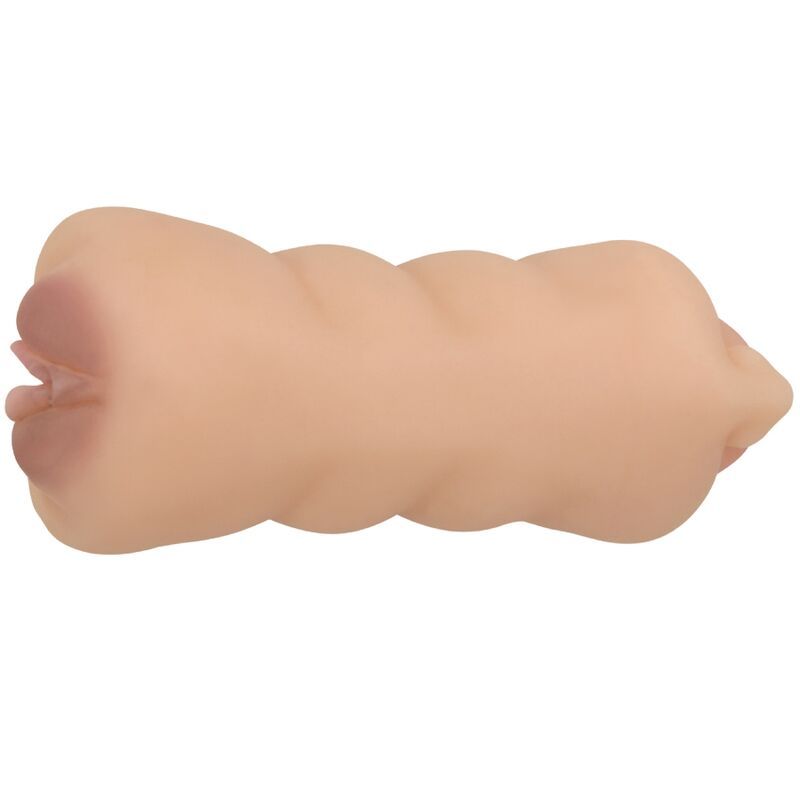 Masturbator mit Doppelkanal-Stimulation. Beige. Geformt mit einer Öffnung. Rosa Details.