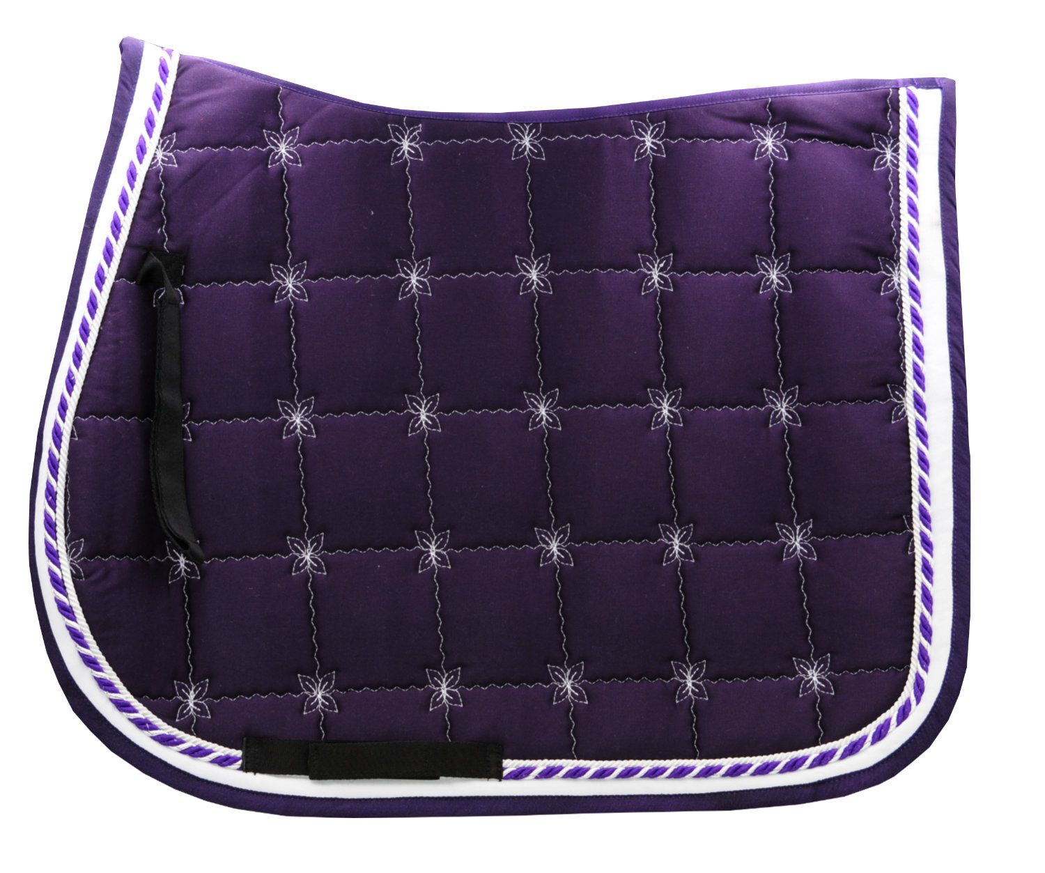 Violette Schabracke mit Doppelkordel und Blumenstickerei. Quadratische Steppung, weiße Kordel, weiße Einfassung.