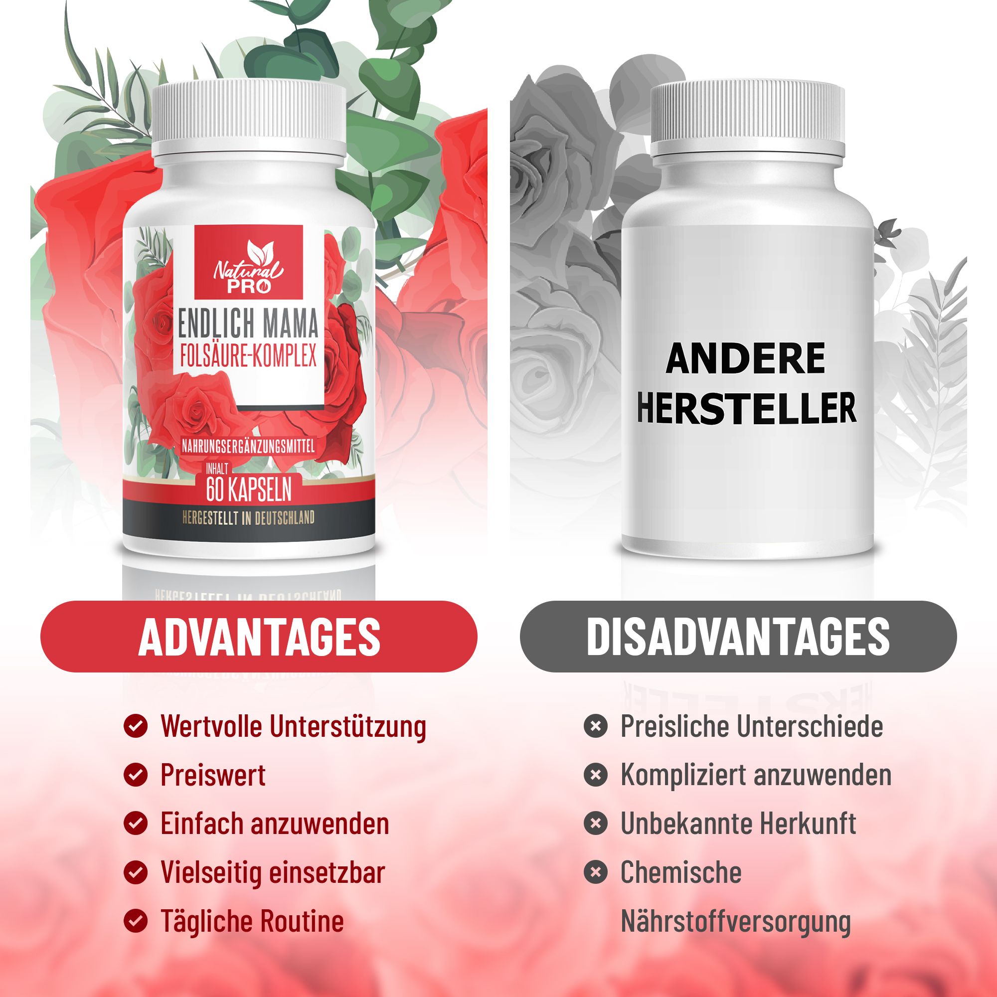 Vergleich: Vorteile vs. Nachteile. Links: Natural Pro Produkt. Rechts: Andere Hersteller. Text: Vorteile, Nachteile.