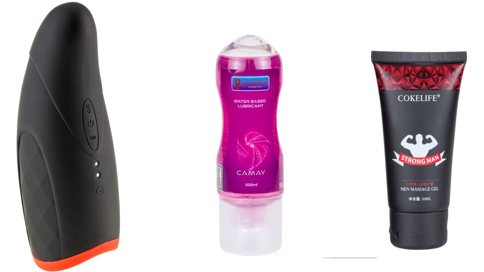 Drei Produkte: Gerät, Flasche mit Flüssigkeit, Tube. Verschiedene Formen.