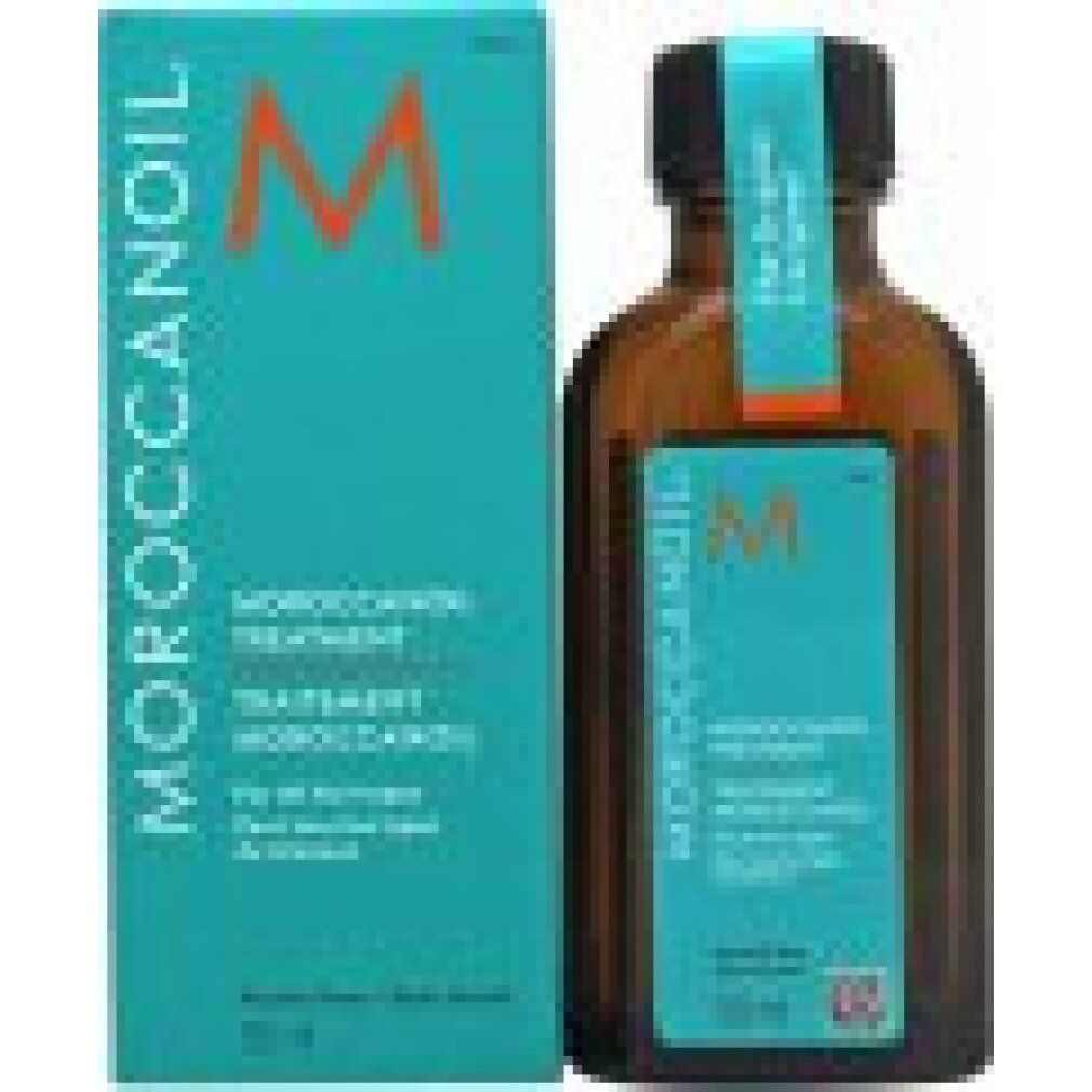 Türkisgrüne Verpackung und braune Flasche. Auf der Verpackung steht „Moroccanoil“. Auf der Flasche befindet sich ein Etikett mit Text.