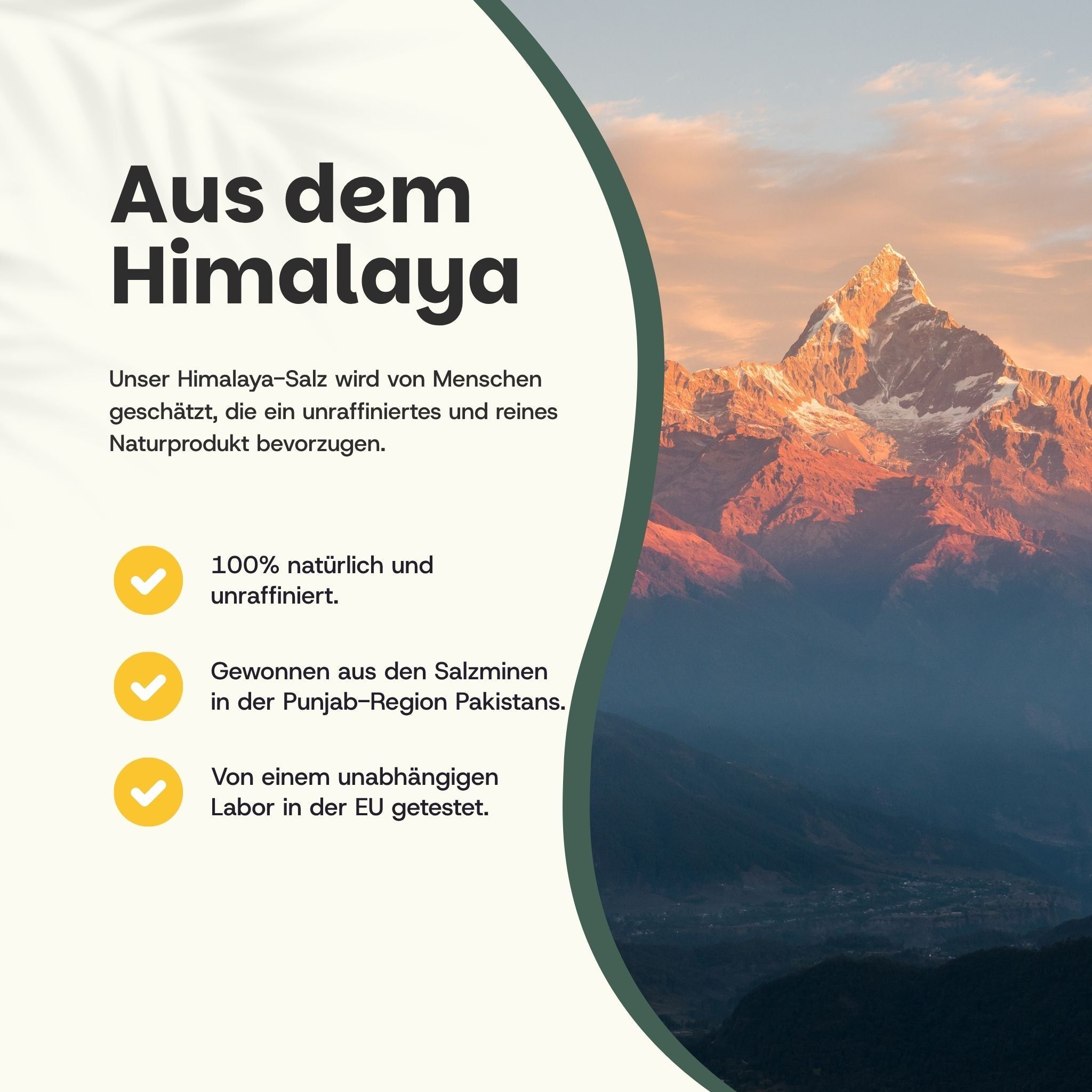 Landschaft mit Berg. Text: Aus dem Himalaya. 100% natürlich und unraffiniert. Aus Salzminen in Pakistan. EU-Labor getestet.