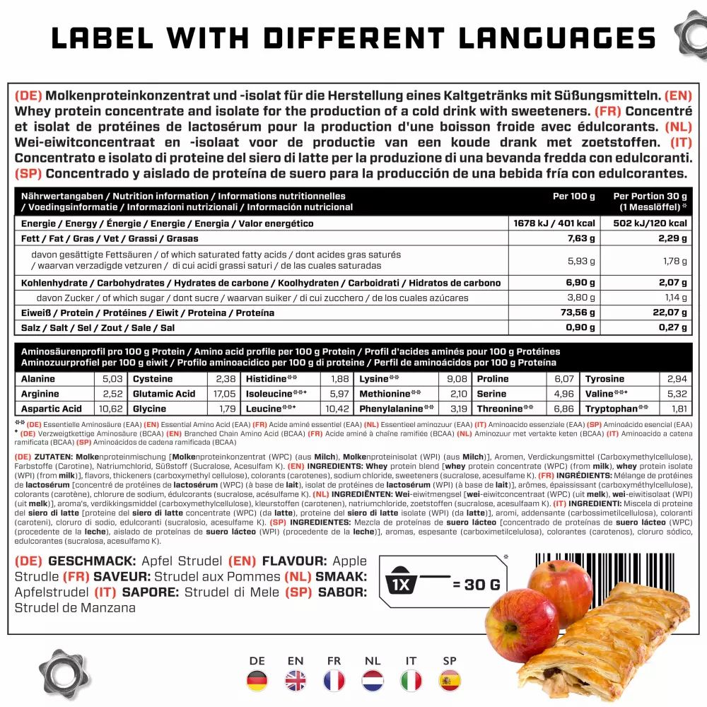 Nährwertangaben auf einem Etikett. Enthält Informationen zu Fett, Kohlenhydraten, Eiweiß und Aminosäurenprofil.