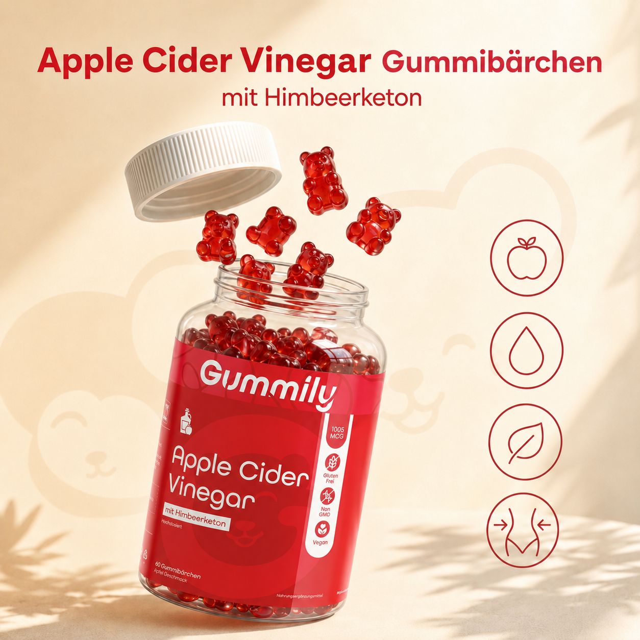 Gummily Apfelessig Gummibärchen: Rote Gummibärchen fallen aus einem offenen Glas.