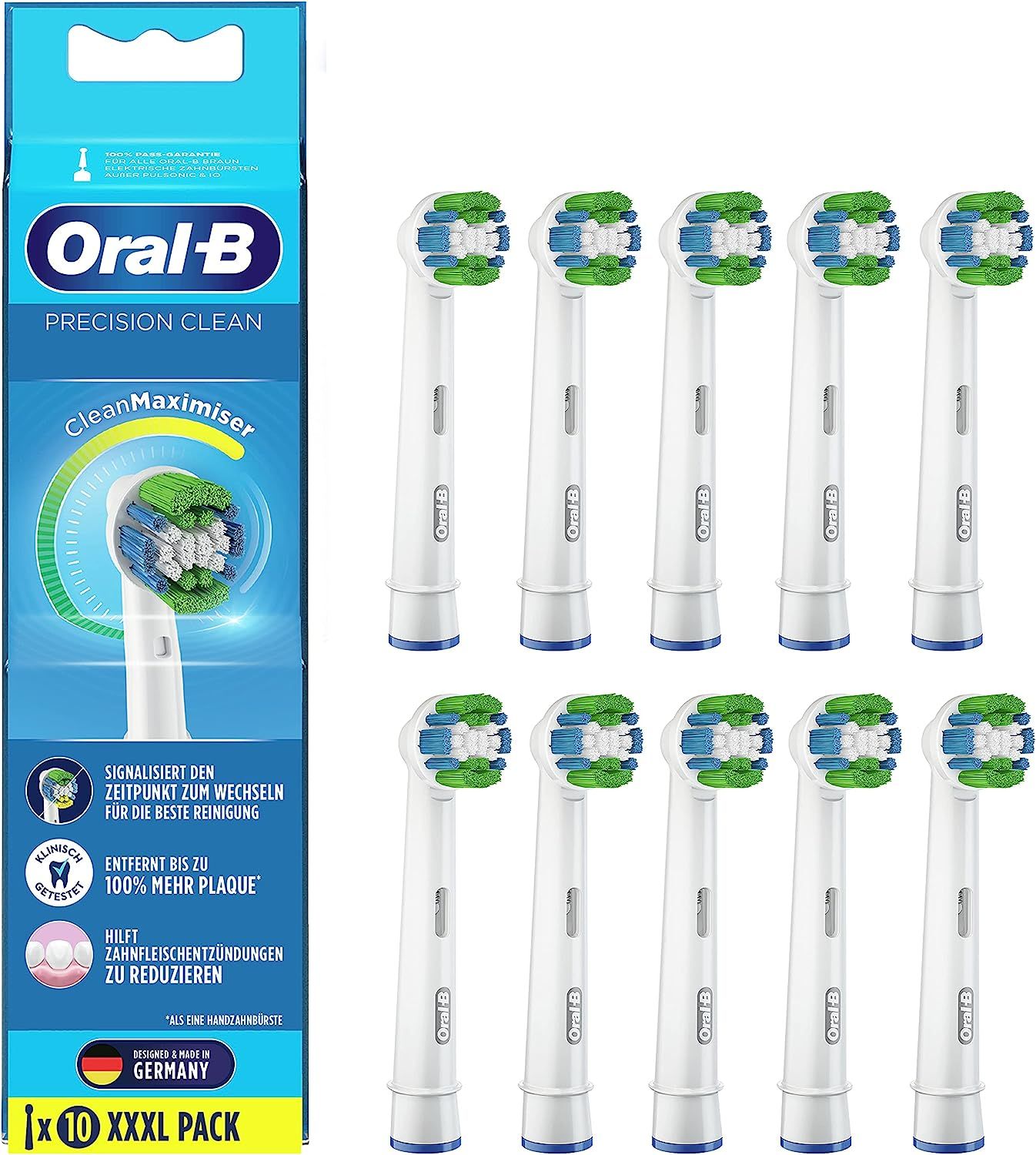 Zahnbürstenaufsätze, 10 Stück, in Verpackung. Marke Oral-B, Modell Precision Clean. Blaue, grüne und weiße Borsten.