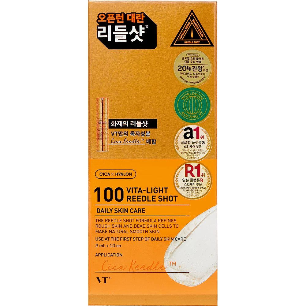 Verpackung des VT COSMETICS 100 Vita-Light Reedle Shot mit detaillierten Produktinformationen.