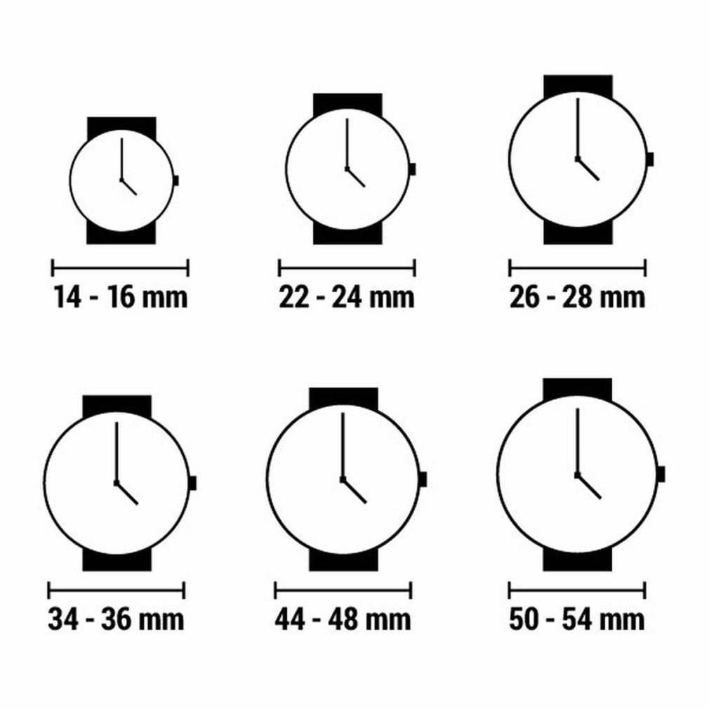 Grafische Darstellung von sechs Uhren mit unterschiedlichen Größenangaben in Millimetern.