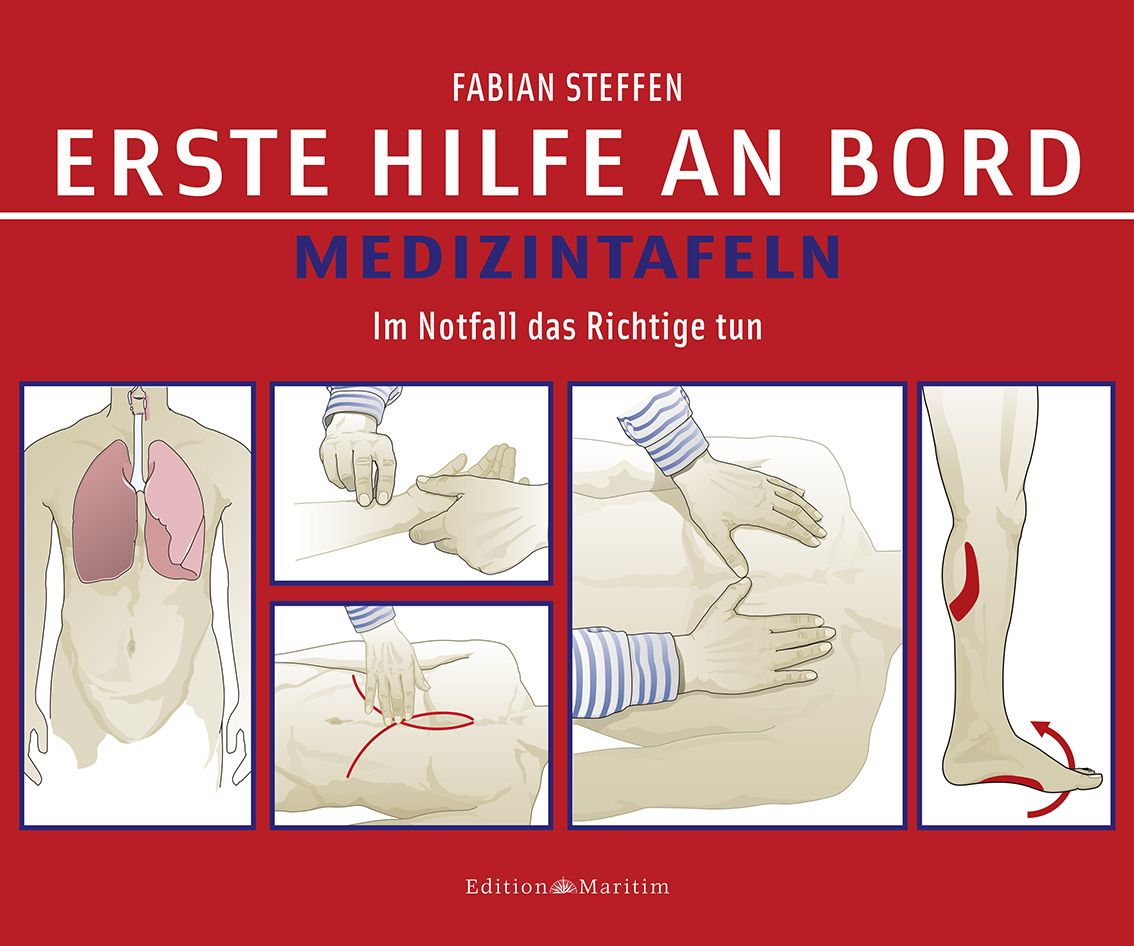 Buchcover: Erste Hilfe an Bord – Medizintafeln. Illustrationen zeigen medizinische Notfallmaßnahmen. Roter Hintergrund mit weißen und blauen Schriftzügen.