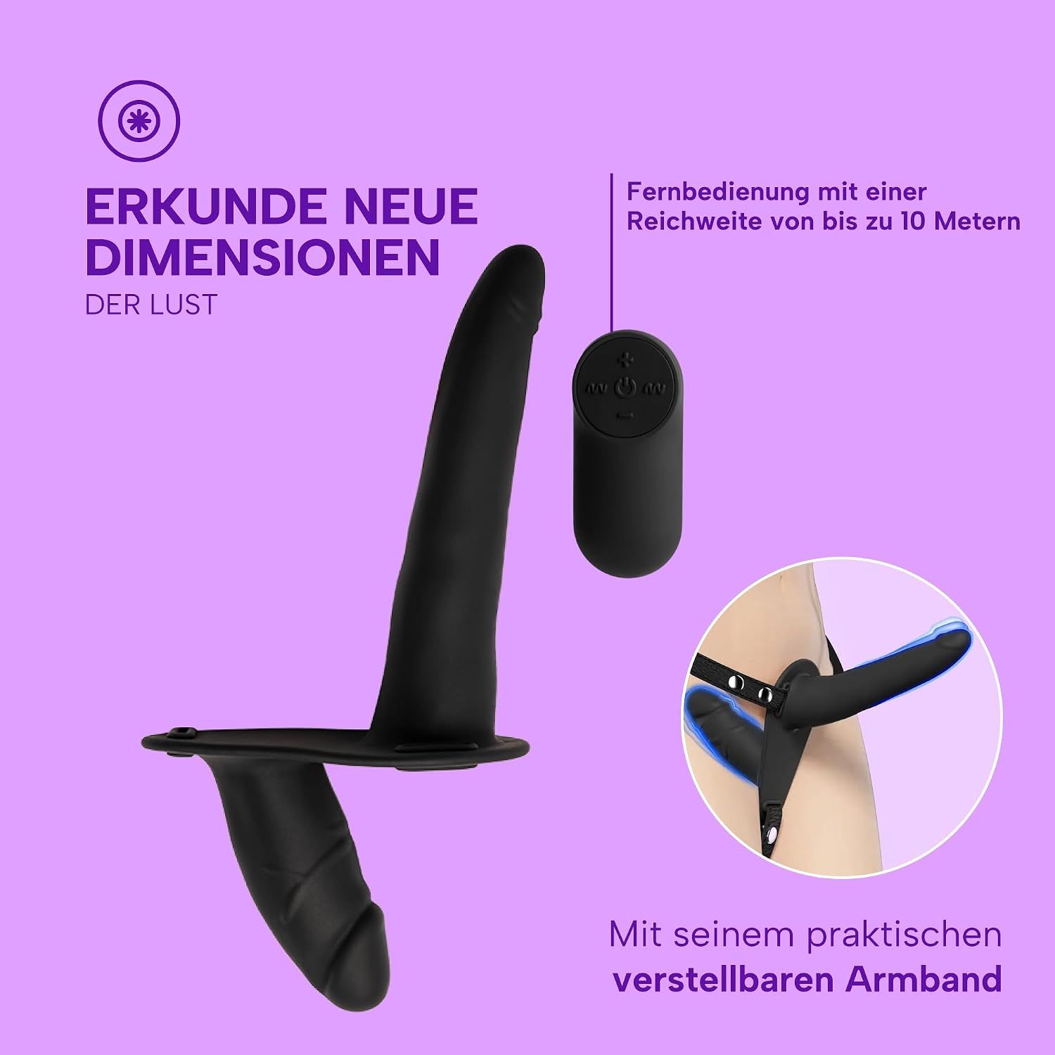 Schwarzer Vibrator mit breiter Basis, 15 cm lang, 4 cm Durchmesser. Inklusive Ladekabel und Anleitung.
