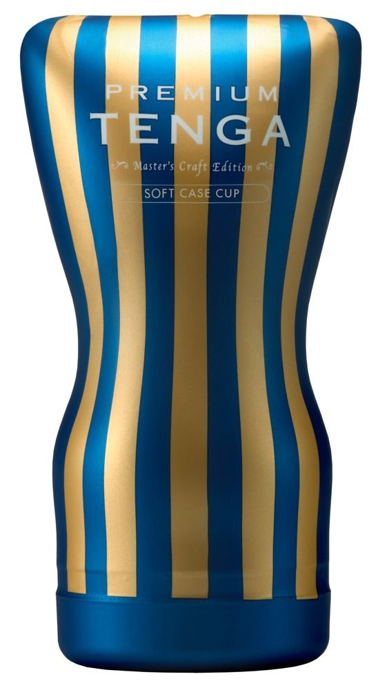 Blau-gold gestreifte, längliche Hülle. Oben steht "PREMIUM TENGA SOFT CASE CUP".