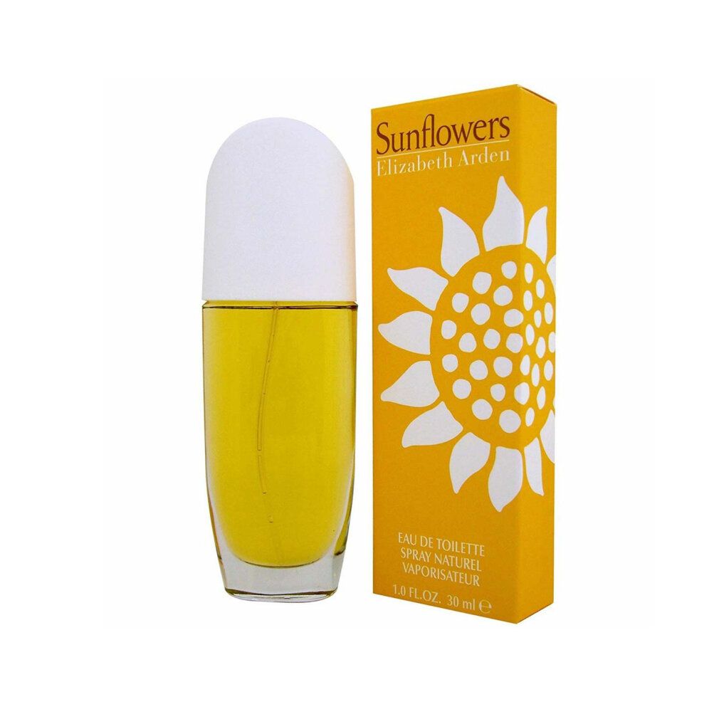 Gelbe Schachtel und Flasche. Aufschrift "Sunflowers" und "Elizabeth Arden".