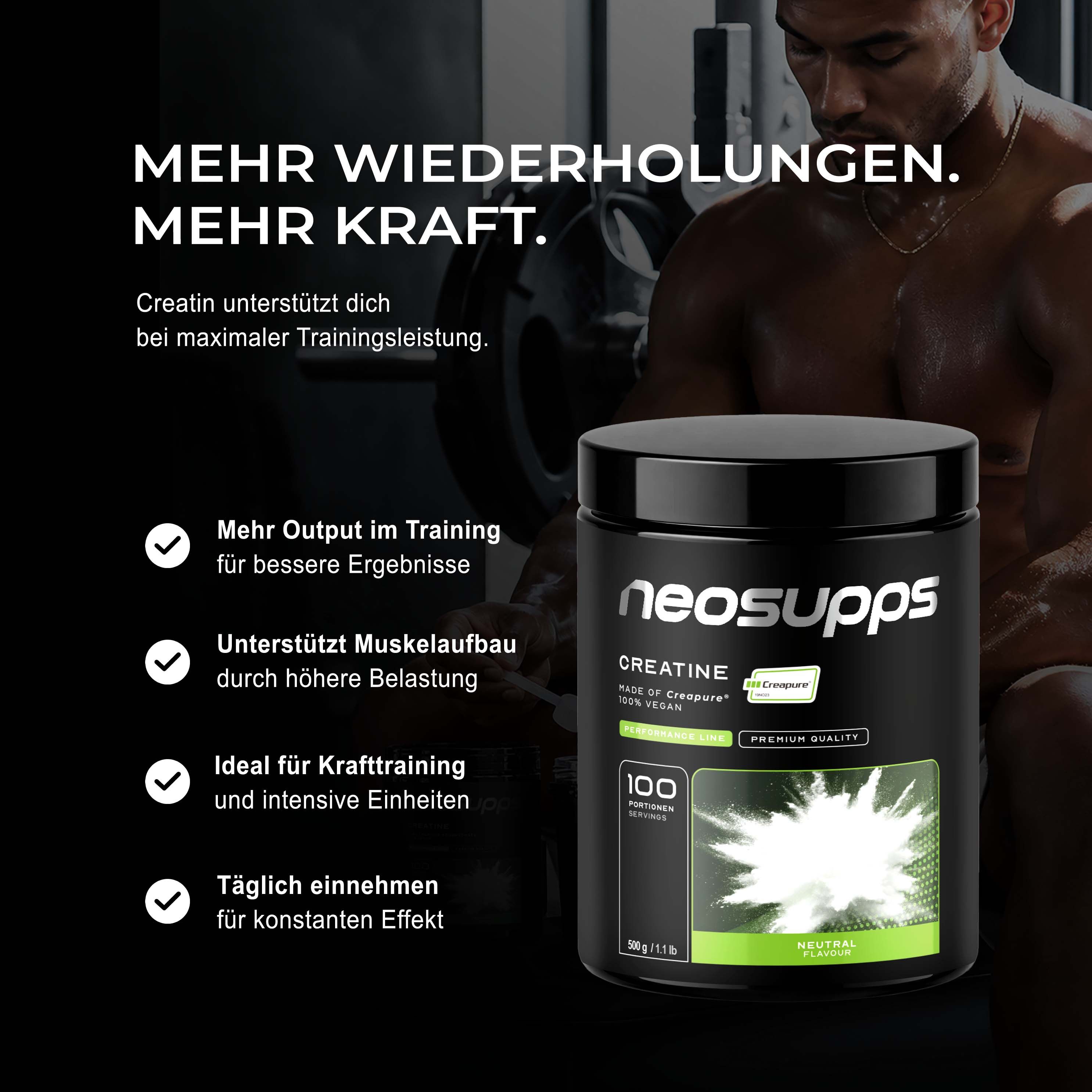 Neosupps Creatine Made of Creapure®, 500g, 100 % reines Kreatin, Made in Germany