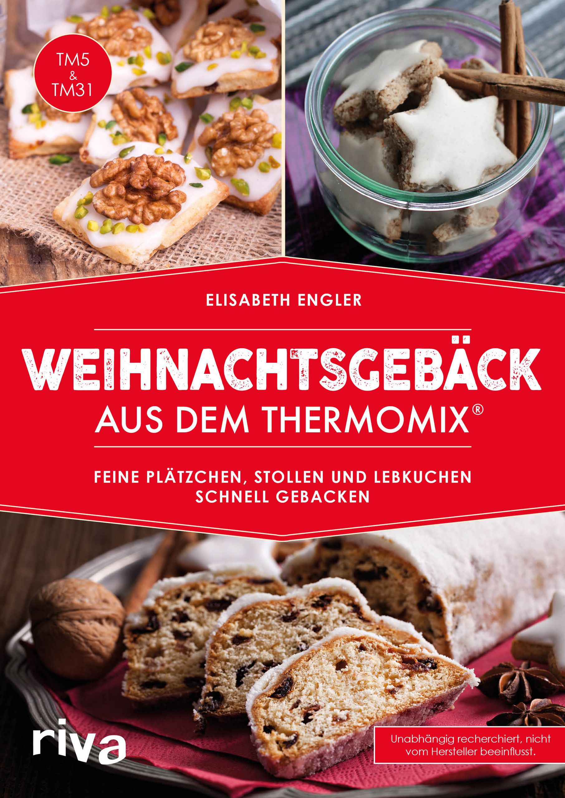 Buchcover mit Weihnachtsgebäck-Motiven. Titel: Weihnachtsgebäck aus dem Thermomix®. Autorin: Elisabeth Engler. Verlag: riva.