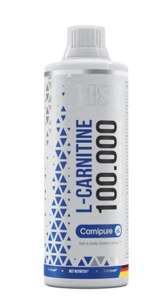 Weiße Flasche mit blauen Dreiecken und Aufschrift L-Carnitine 100.000. Carnipure-Logo. MST Nutrition-Logo. Flaschenverschluss.