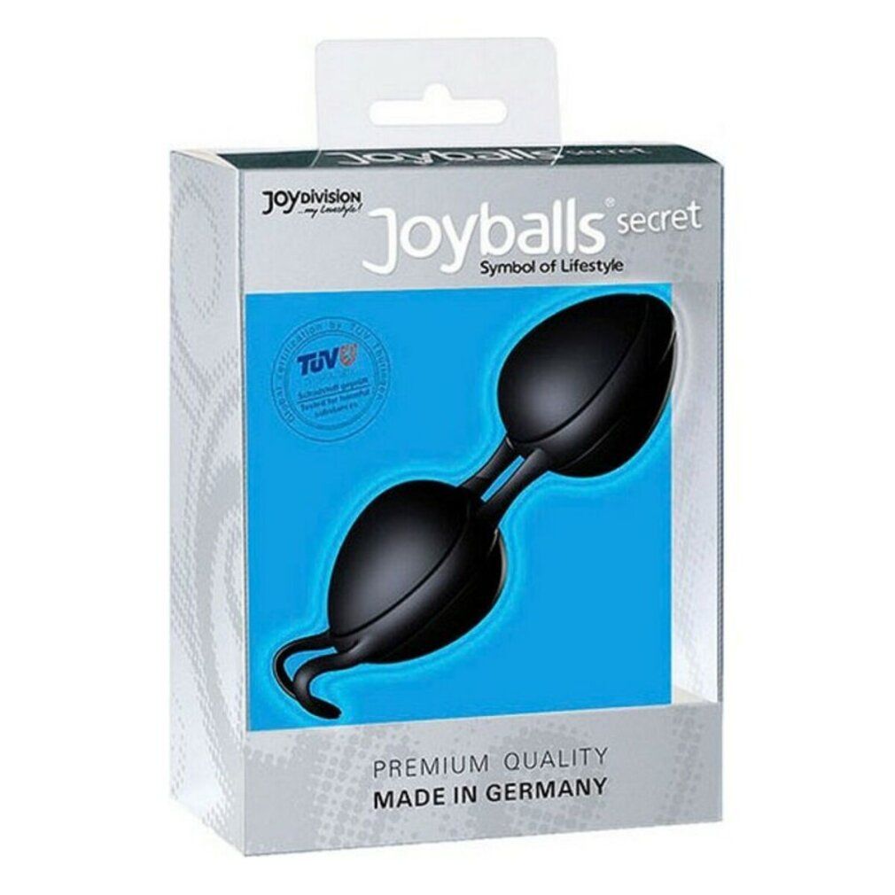 Verpackung von Joyballs secret. Schwarze Kugeln auf blauem Hintergrund. Mit Logo, Zertifizierung und Text.