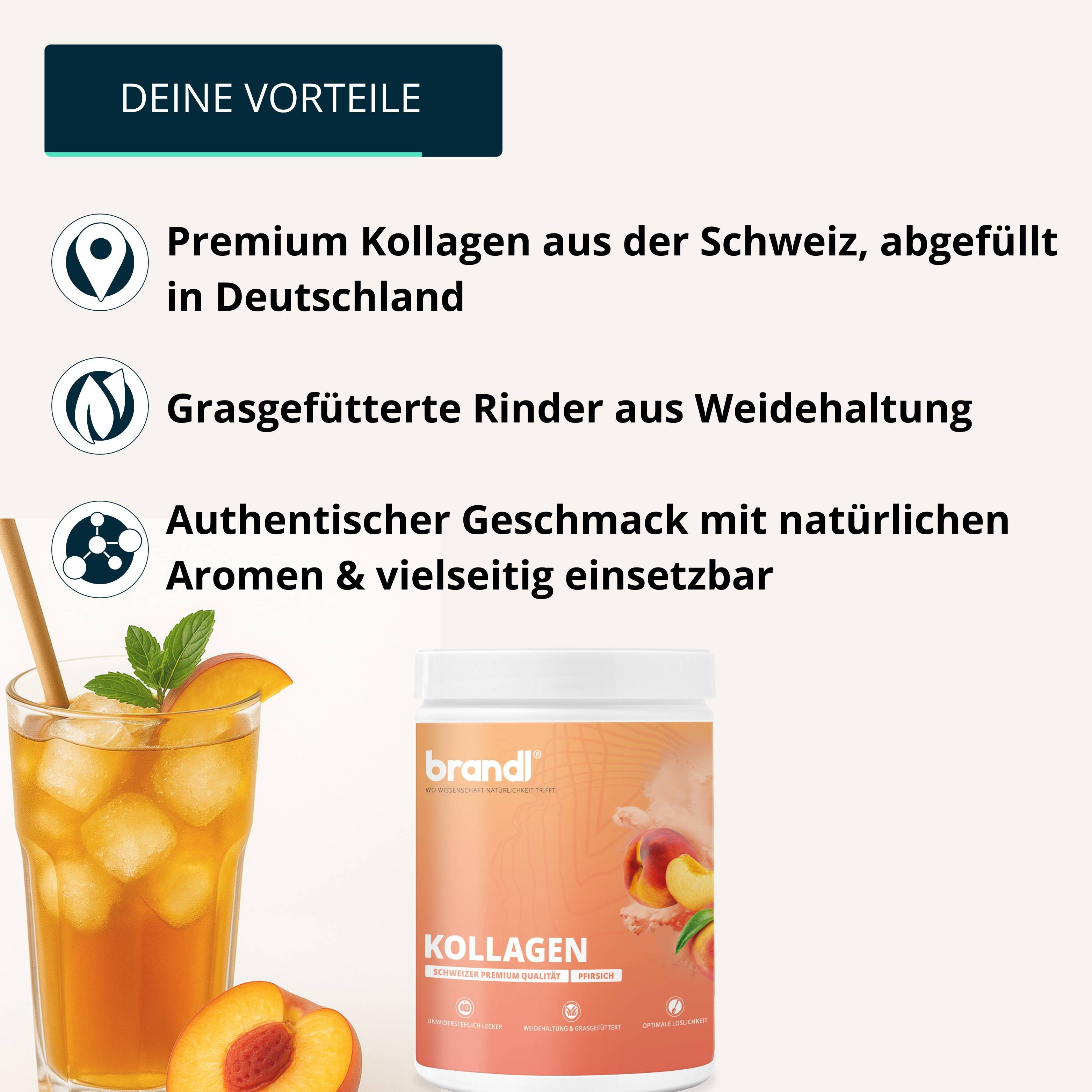 Produktglas mit Text: KOLLAGEN. Neben einem Getränk mit Eiswürfeln und Pfirsich.