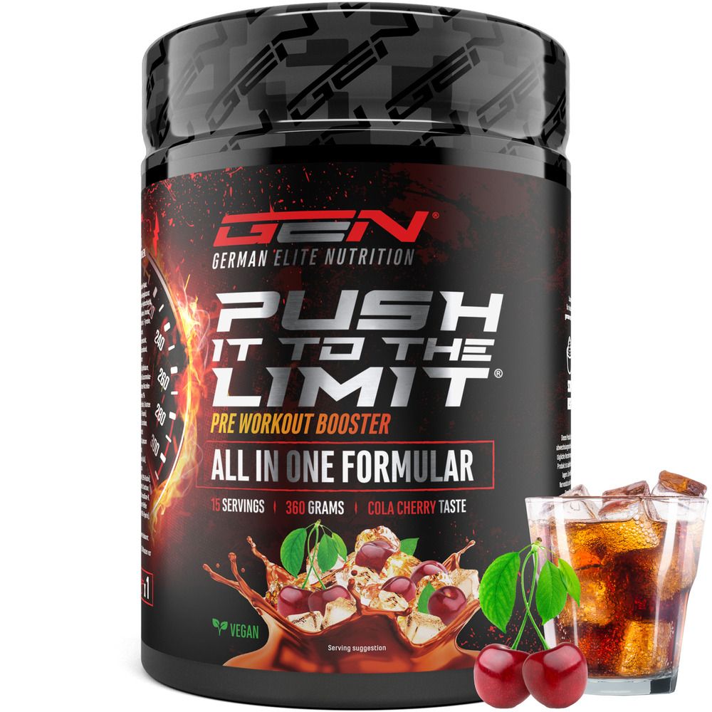 Dose GEN Push It To The Limit, Pre-Workout Booster. 360g, Cola Cherry Geschmack. Mit Kirschen und Eiswürfeln.